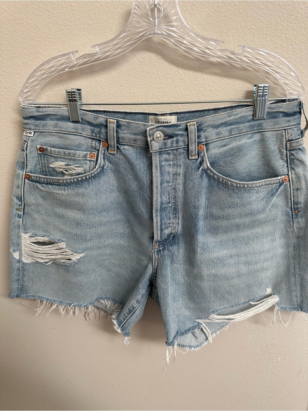 Citizens of Humanity Light Wash Distressed Denim Shorts - Light Blue